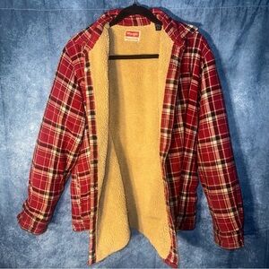 Wrangler Red Beige Black Plaid Button Shirt Jacket Sherpa Lined Men's XL